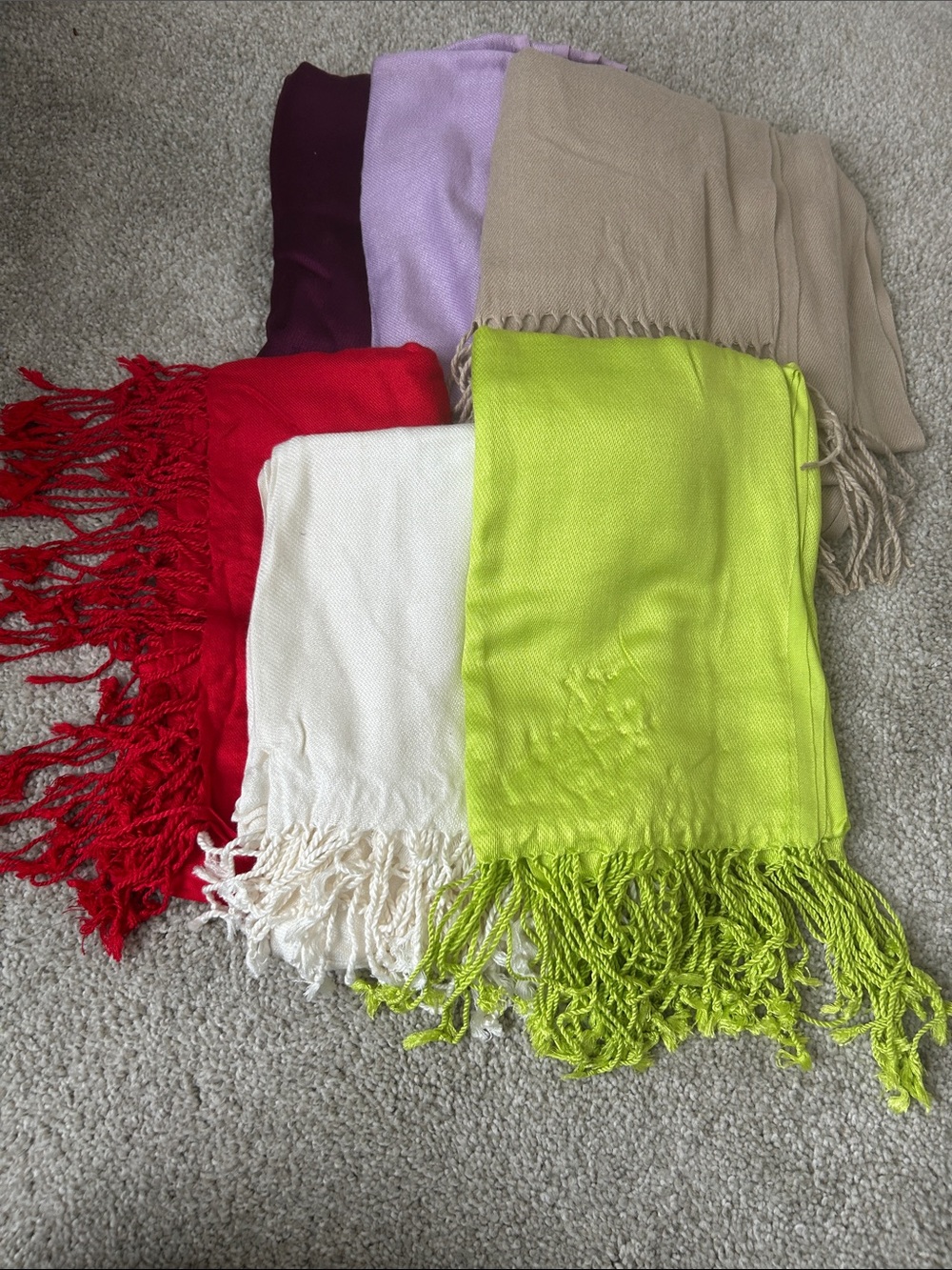Colorful Fringe Scarves Bundle - Red, Lime, Cream, Purple, Beige, Lavender